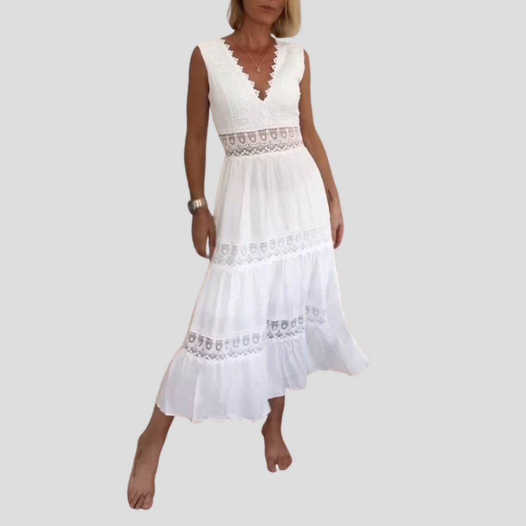Sora™ – Mouwloze boho midi-jurk met kantdetails