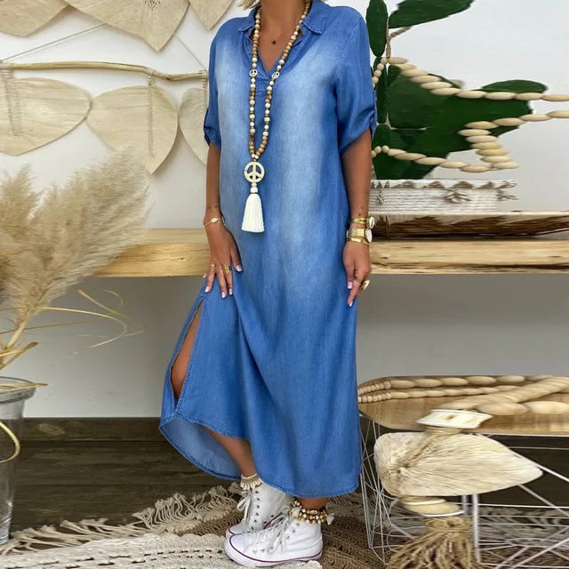 Andrea™ – Lange jurk in denimlook met zijsplit