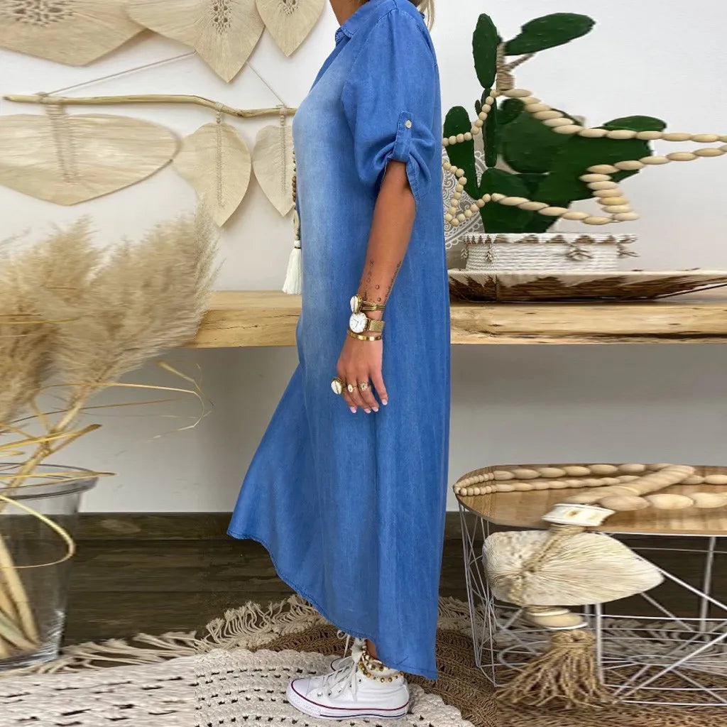 Andrea™ – Lange jurk in denimlook met zijsplit