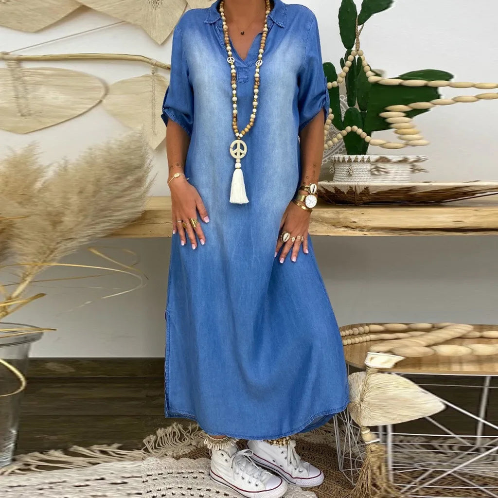 Andrea™ – Lange jurk in denimlook met zijsplit