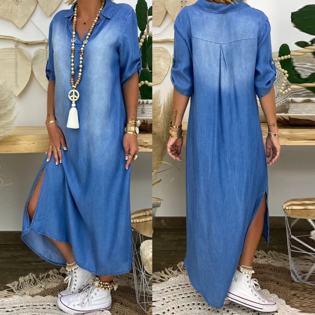 Andrea™ – Lange jurk in denimlook met zijsplit