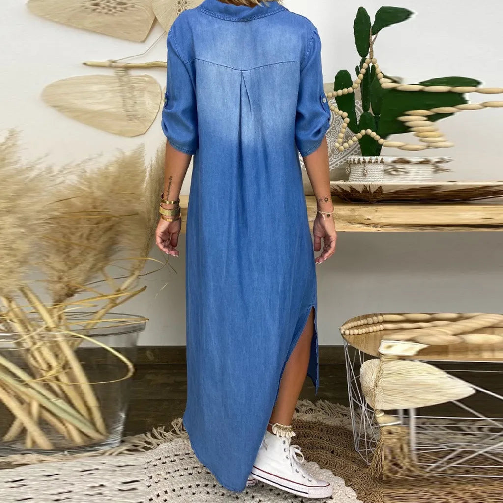 Andrea™ – Lange jurk in denimlook met zijsplit