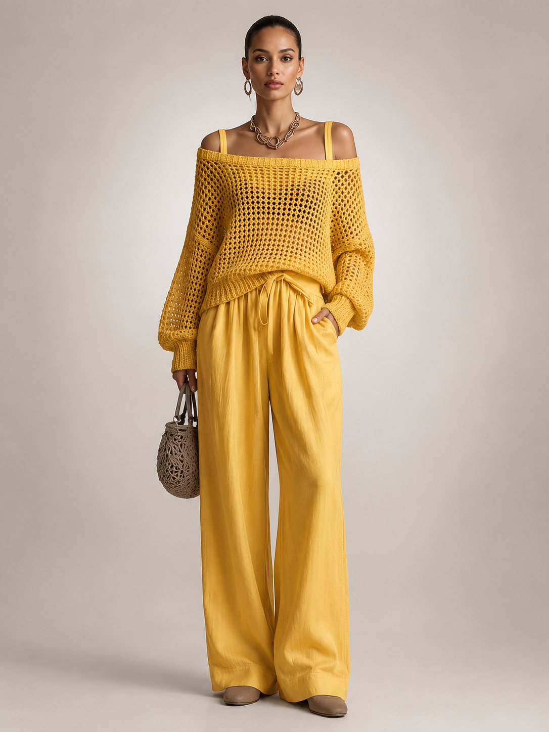 Herta | Tweedelige set met off-shoulder top en wijde broek