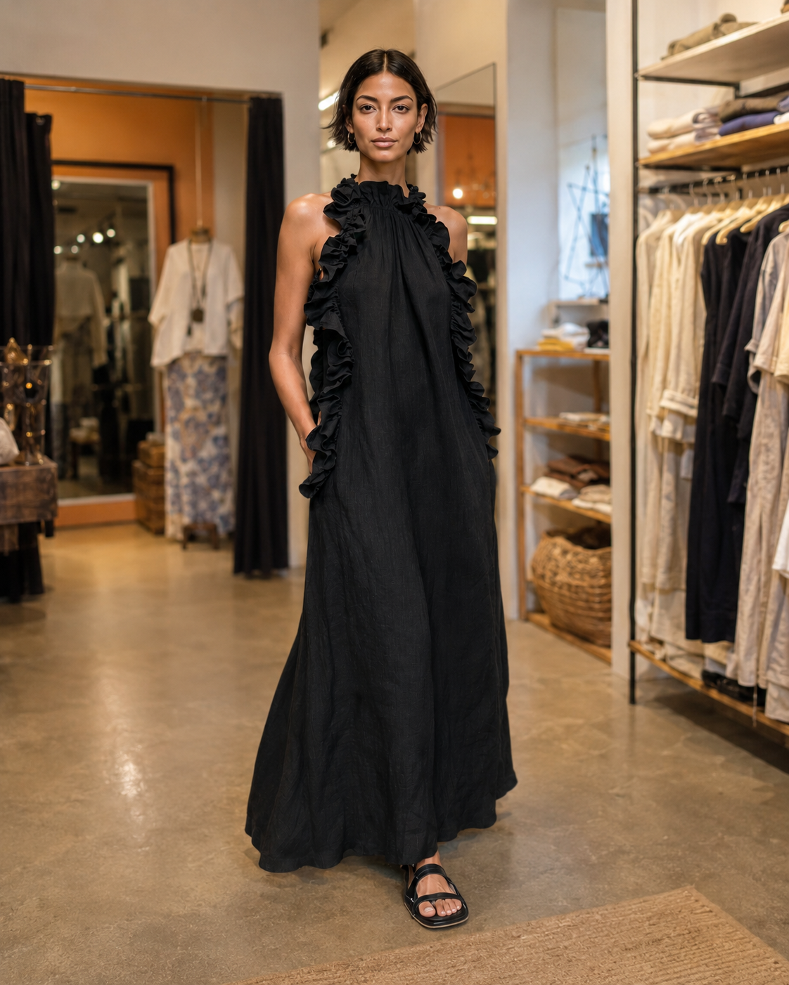 Helene | Mouwloze linnen maxi-jurk met ruches