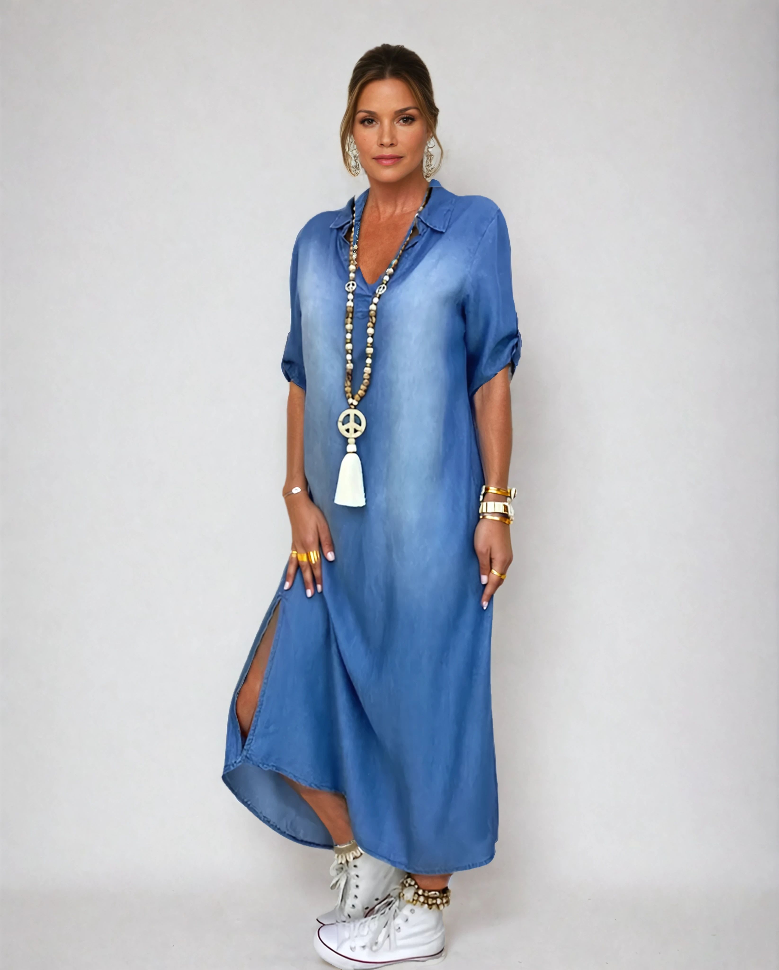 Andrea™ – Lange jurk in denimlook met zijsplit