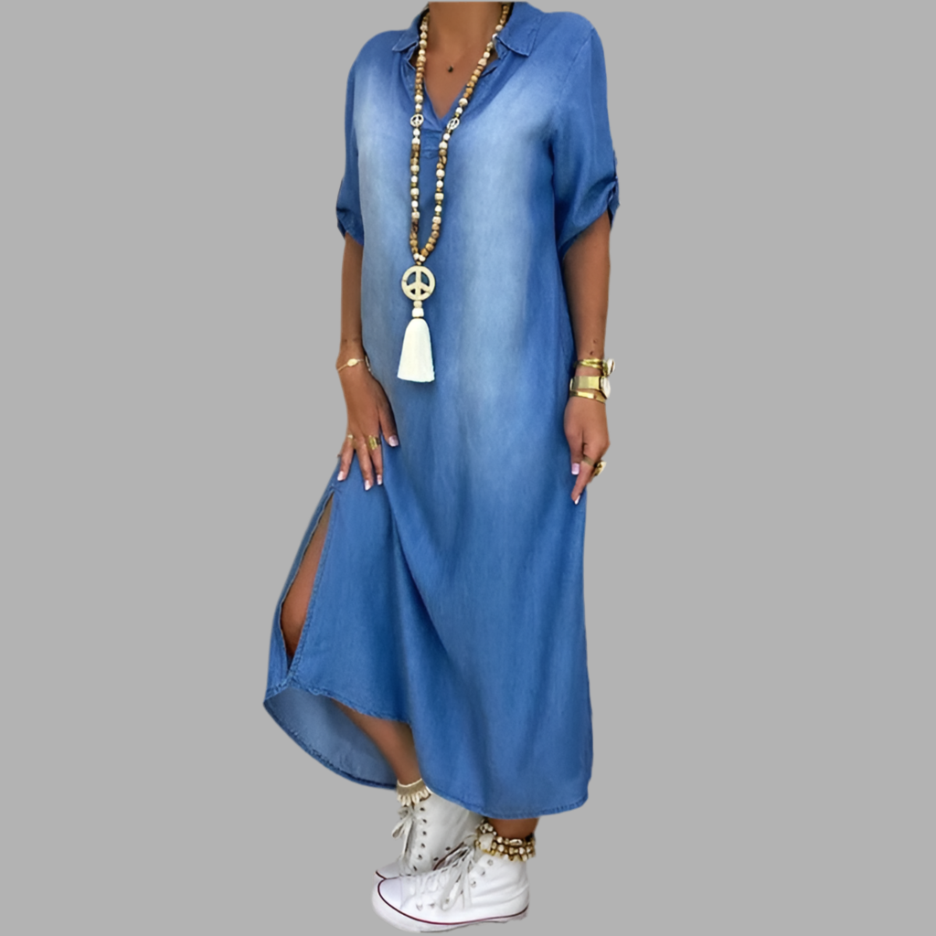 Andrea™ – Lange jurk in denimlook met zijsplit