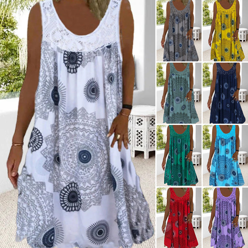 Breezia™ – Mouwloze zomerjurk met print en kantdetails