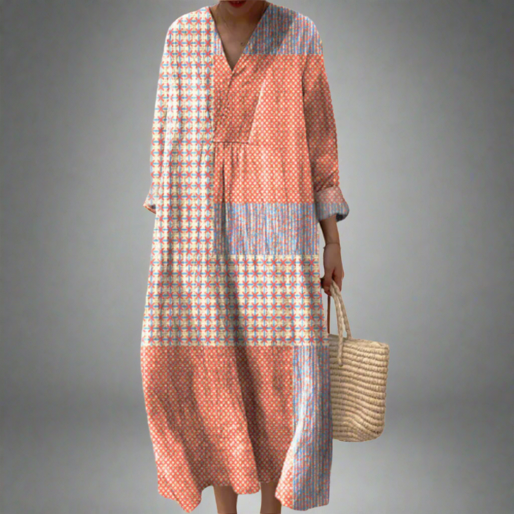 Nora™ – Patchwork midi-jurk met koraal- en sterrenmotief