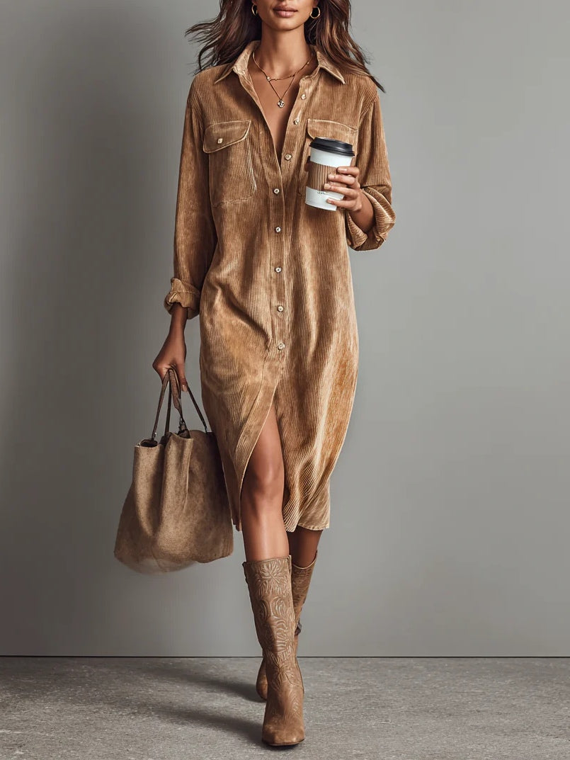 Jessy™ – Elegante midi-jurk van zacht corduroy met borstzakken