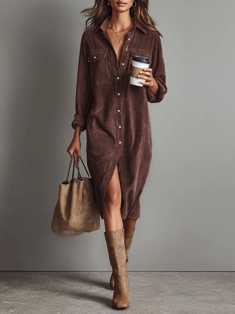 Jessy™ – Elegante midi-jurk van zacht corduroy met borstzakken