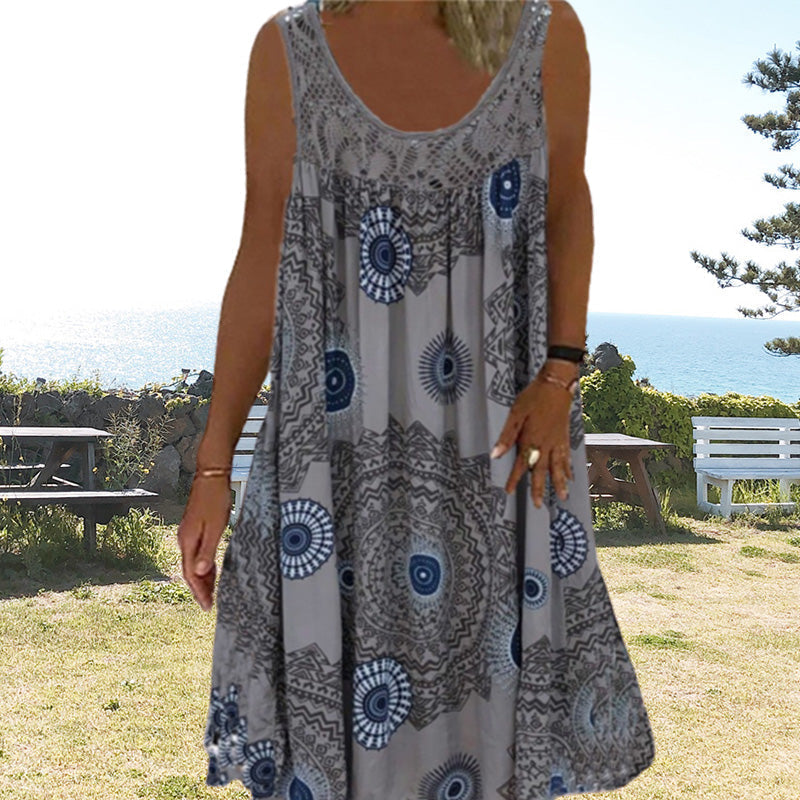 Breezia™ – Mouwloze zomerjurk met print en kantdetails