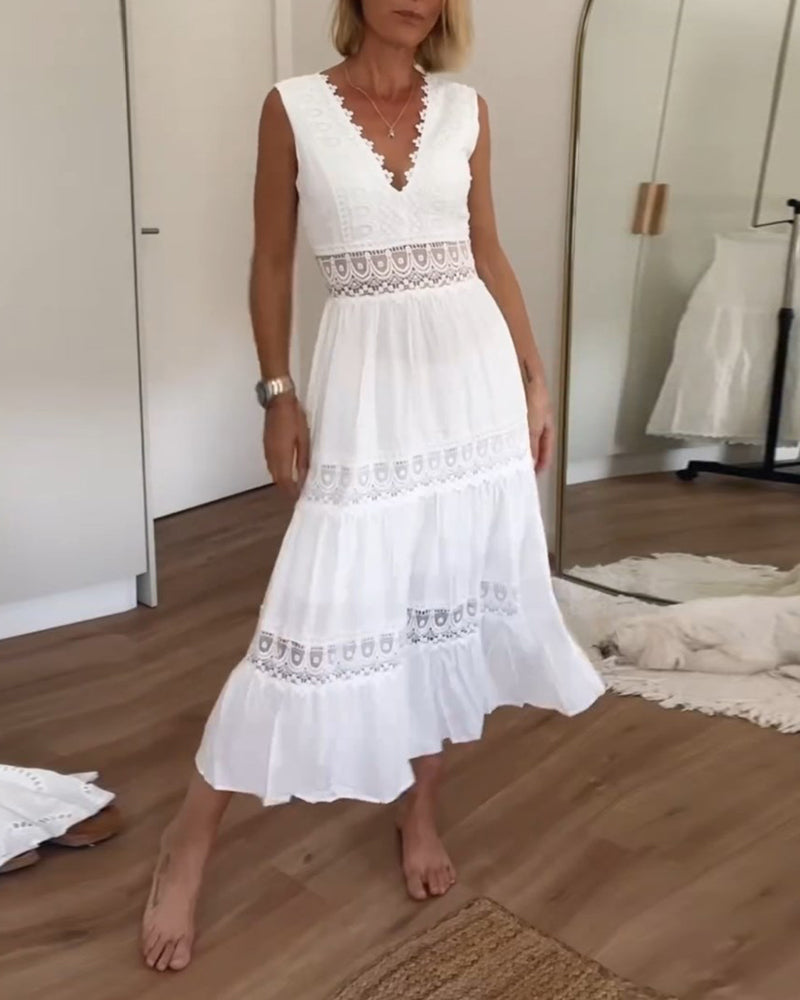 Sora™ – Mouwloze boho midi-jurk met kantdetails
