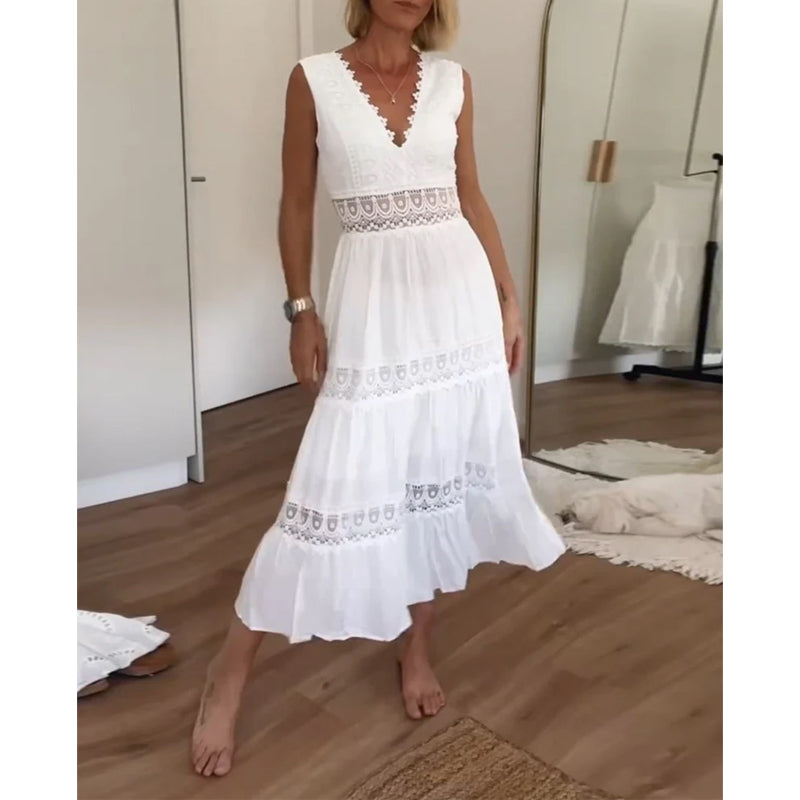Sora™ – Mouwloze boho midi-jurk met kantdetails