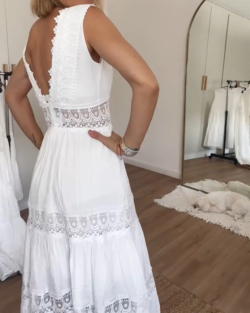 Sora™ – Mouwloze boho midi-jurk met kantdetails