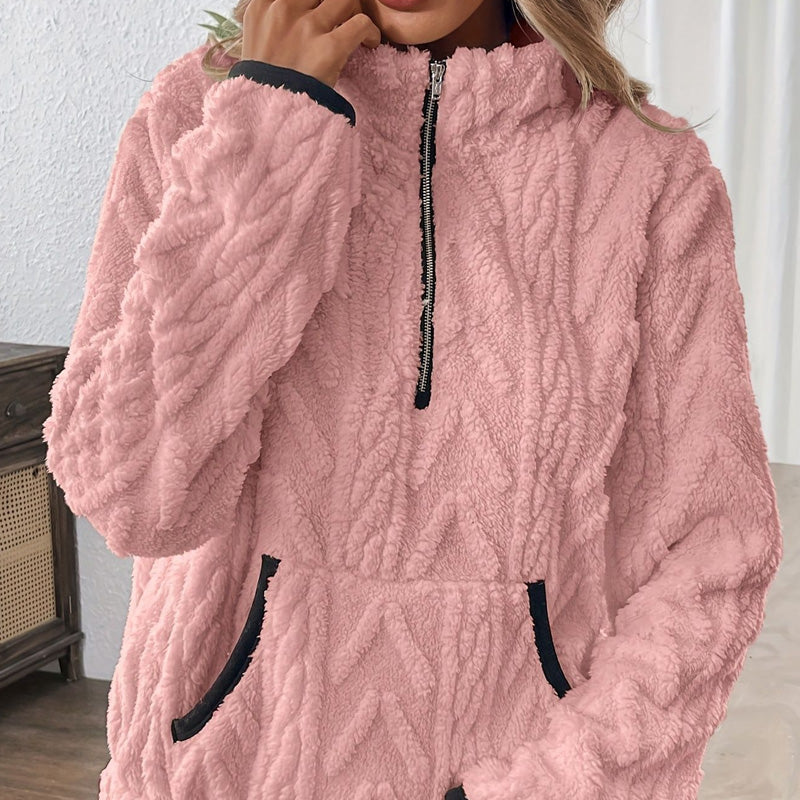 Harper | Roze Pluizige Sweatshirt met Halve Rits en Zakken